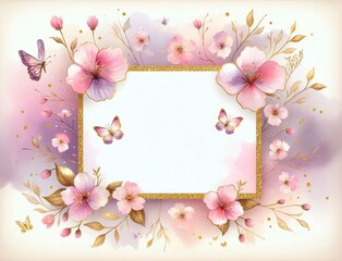 Elegant floral frame with pastel blossoms and butterflies, ideal for invitations or spring designs
