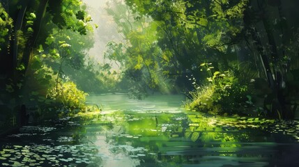lush green natural scenery with vibrant foliage and sunlit background tranquil landscape digital painting