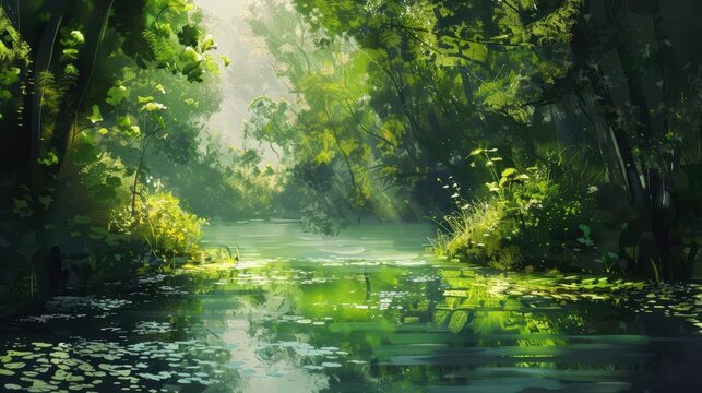 lush green natural scenery with vibrant foliage and sunlit background tranquil landscape digital painting