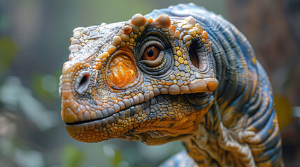 A close-up shot of a parasaurolophus head with its distinctive hollow crest. The image showcases the dinosaur's textured skin, a single alert eye, and a hint of dust on its crest