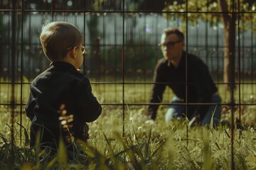 Child abduction. A suspicious man watches a playing child from behind a fence. Social issues, child safety, child protection."