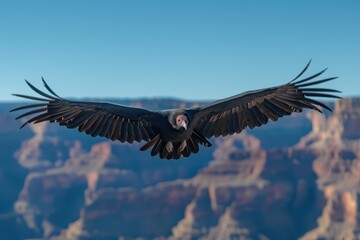 Obraz premium A California condor soaring over the Grand Canyon, its massive wingspan and striking black and white plumage visible against the deep blue sky.