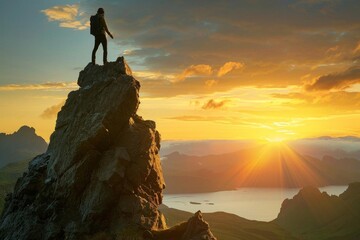 A person reaching the top of a hill or mountain. Goals and Aspirations.