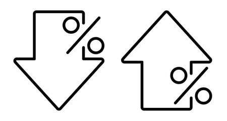 Percent arrow with up and down arrow sign outline icon isolated, percent arrow up and down line symbols collection, percentage growth and decline signs - vector