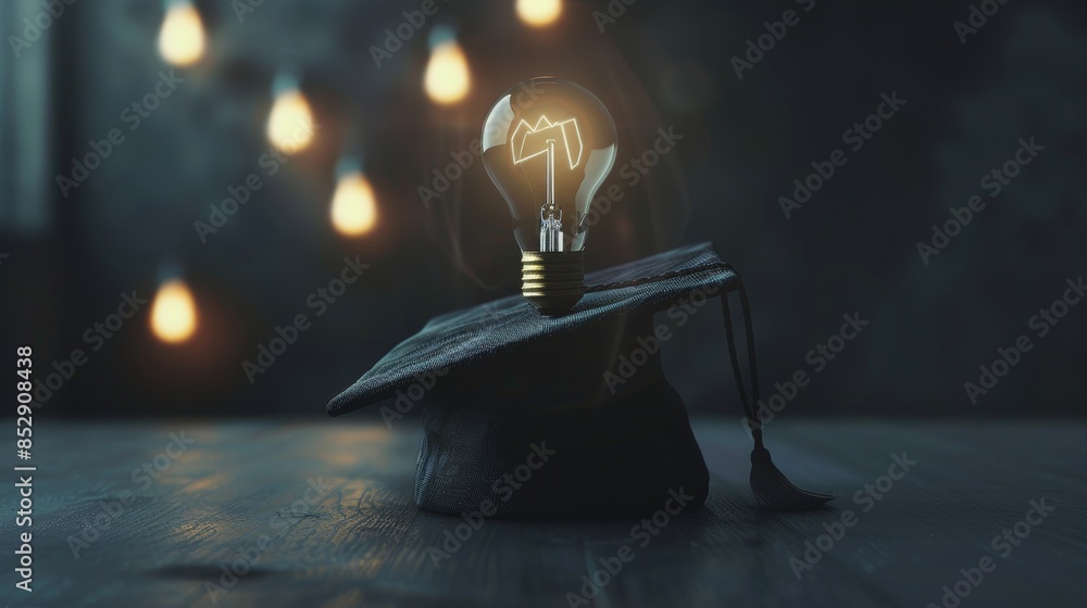 Wall mural lightbulb with graduation cap, idea concept