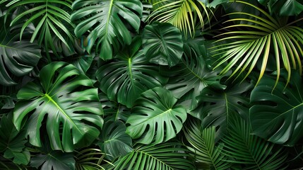 lush monstera and palm fronds arranged in intricate flat lay pattern top view nature photography