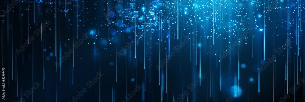 Poster futuristic dark blue background with glowing particles and vertical bar lines, creating a sleek and 