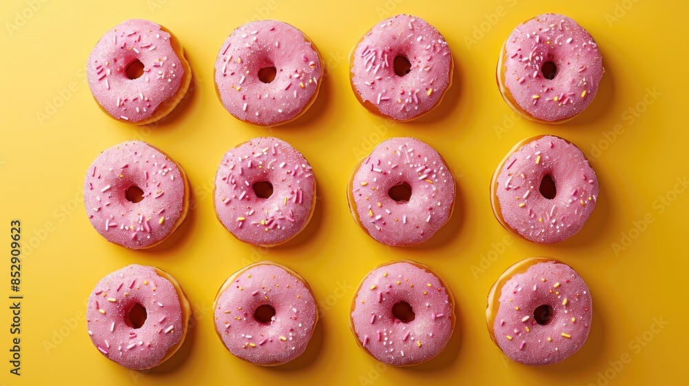 Poster national donut day is being celebrated with a tempting display of pink donuts set against a yellow b