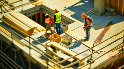 Construction workers working on a big house