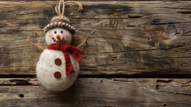 Felt snowman Christmas ornament with vintage flair on rustic wood backdrop for customized message