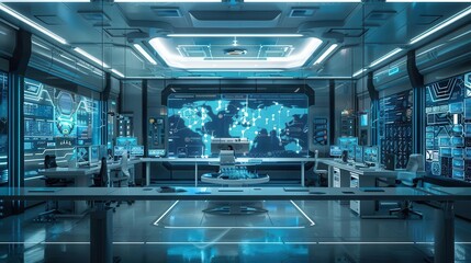 Fototapeta premium AI lab with neural network diagrams on screens