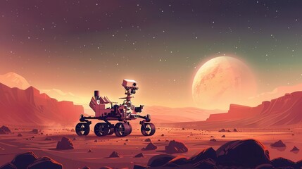 Mars rover analyzing soil samples, red planet landscape
