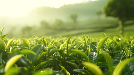 Fototapeta premium Green tea plantation, wallpaper, beautiful colors of useful plants