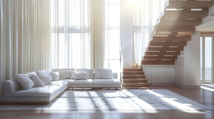 Obraz premium luxurious living room sunlit corner sofa and wooden stairway with sheer curtains 3d rendering
