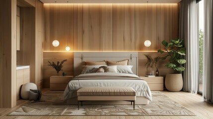 luxurious modern beige bedroom with sleek technological integration 3d rendering