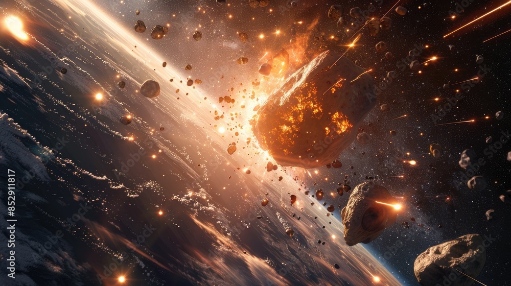 Poster large metallic asteroids from outer space are hurtling toward our planet causing a dramatic collisio