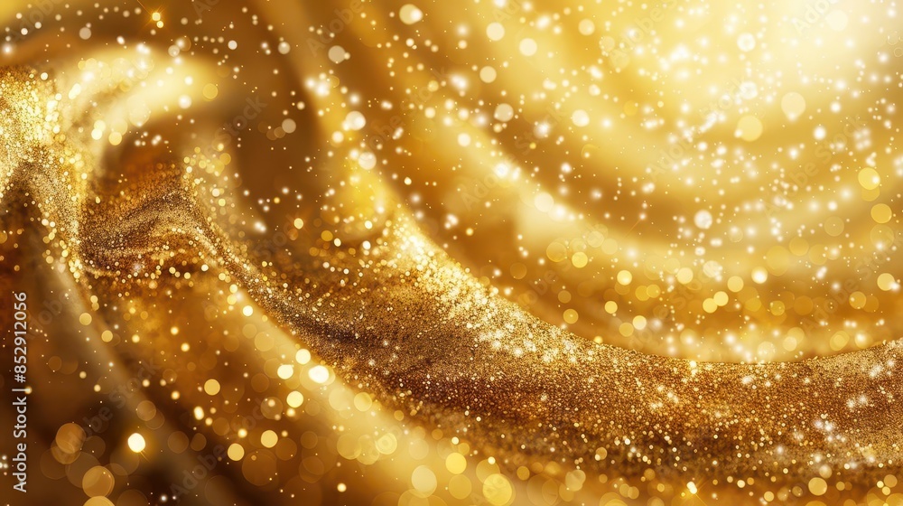 Poster luxurious swirling gold background with sparkling particles and bokeh effects festive abstract desig