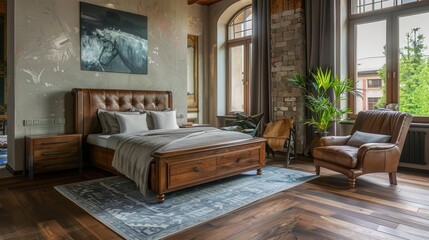 luxurious summer bedroom with wooden king bed and leather chairs spacious interior photography
