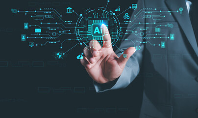 Ai technology, Artificial Intelligence. man using technology smart robot AI, artificial intelligence by enter command prompt for generates something, Futuristic technology transformation. Chat with Ai