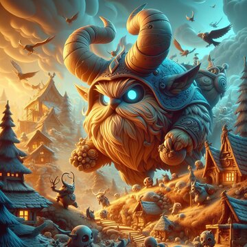 Fantasy Creature Guarding Whimsical House at Twilight