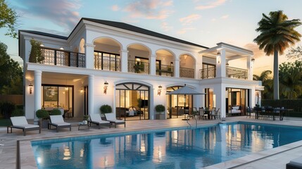 Obraz premium luxurious white villa with pool and mediterranean sea view at sunset 3d rendering