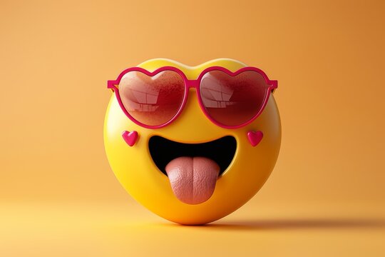 3D heart emoji with tongue out and heart-shaped sunglasses on a yellow background - Powered by Adobe