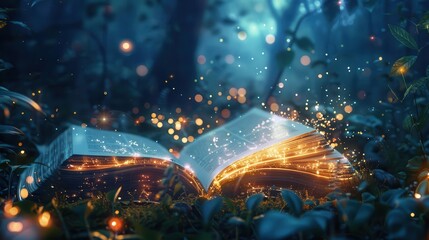 magic book open with glowing lights and fantasy elements fairy forest setting digital illustration