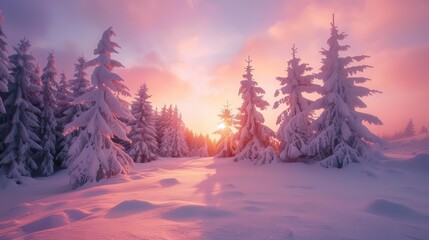 magical winter landscape with snowcovered trees illuminated by warm sunrise light scenic nature photography
