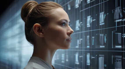 Futuristic portrait of IT specialist analysing data on transparent screen in front of her, information  AI technology, cyber security concept