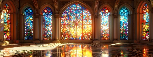 Obraz premium Jewel Toned Stained Glass Sanctuary Illuminated by Radiant Sunlight
