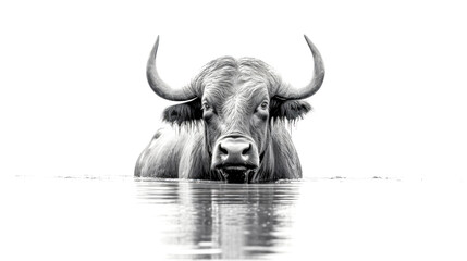 Naklejka premium A bull is in the water, looking at the camera