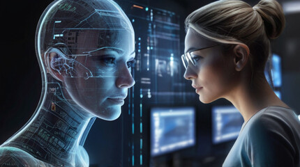 Futuristic portrait of IT specialist analysing data on transparent screen in front of her, information  AI technology, cyber security concept