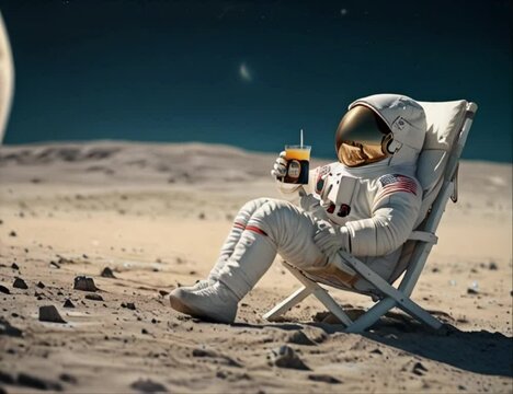 Astronaut drinking juice in a beach chair on Moon surface, enjoying view of Earth