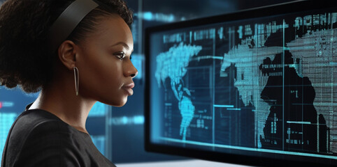 Futuristic portrait of IT specialist analysing data on transparent screen in front of her, information  AI technology, cyber security concept