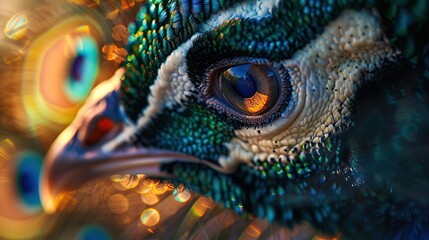 Obraz premium Close-up of a peacock's eye with beautiful feathers on a blurred background
