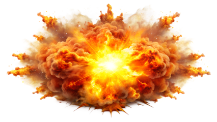 a large explosion with a luminous center, radiating intense yellow and orange flames on isolated background with high detailing