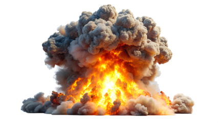 a large explosion characterized by intense flames at the base and thick, voluminous smoke rising above on isolated background