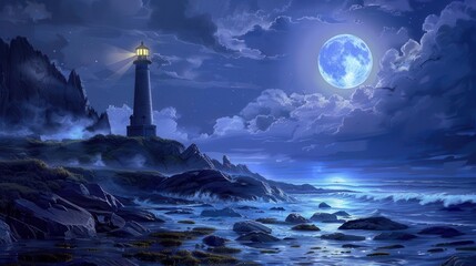 majestic lighthouse illuminating a rocky shore under a full moon nighttime seascape digital painting