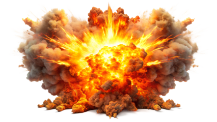 a large explosion with intense orange flames at the center, surrounded by billowing smoke in shades of gray on isolated background