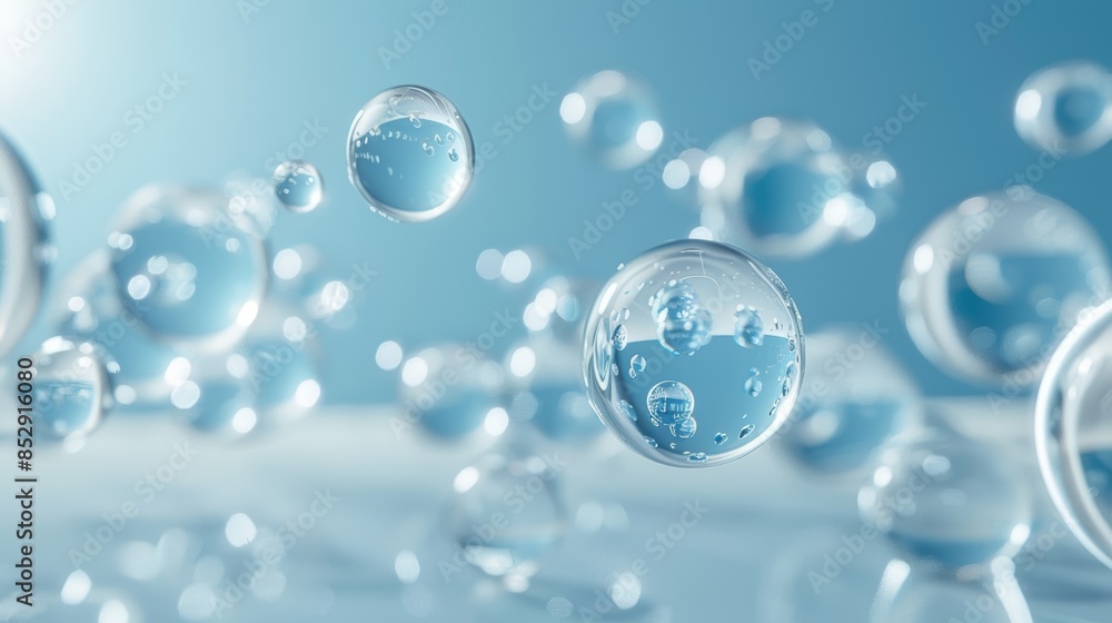 Wall mural abstract blue background with floating water droplets, creating a refreshing and ethereal effect.