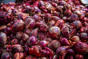 Piles of onions at Zegyo market, Mandalay, Myanmar