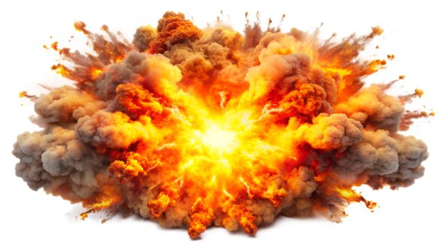 a large explosion with intense orange flames at the center, surrounded by billowing smoke in shades of dark gray and brown