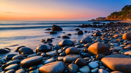 Neatly Arranged Rocks Along the Beach with Soft Twilight Light, Tranquility of Coastal Life