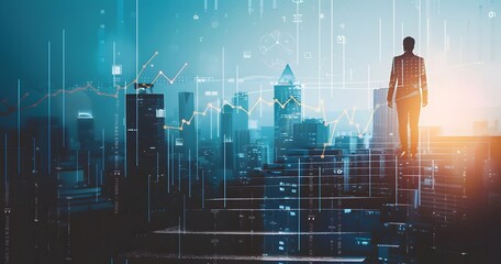 Businessman standing on the stairs with a digital chart and graph