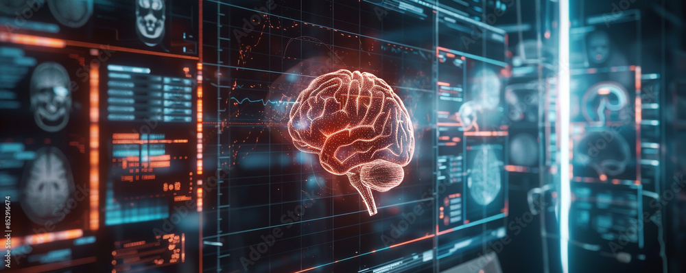Poster digital display of medical data and brain anatomy on a futuristic computer screen