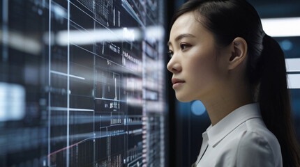 Futuristic portrait of IT specialist analysing data on transparent screen in front of her, information  AI technology, cyber security concept