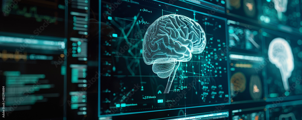 Poster digital display of medical data and brain anatomy on a futuristic computer screen