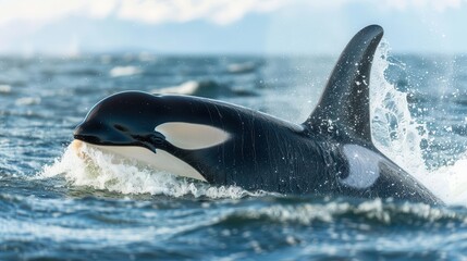 Naklejka premium majestic orca whale breaching ocean surface powerful marine mammal wildlife action photography