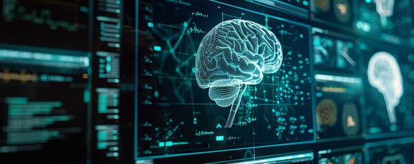 Digital display of medical data and brain anatomy on a futuristic computer screen
