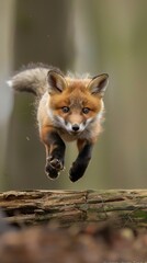 Obraz premium A joyful fox cub jumping over a log 